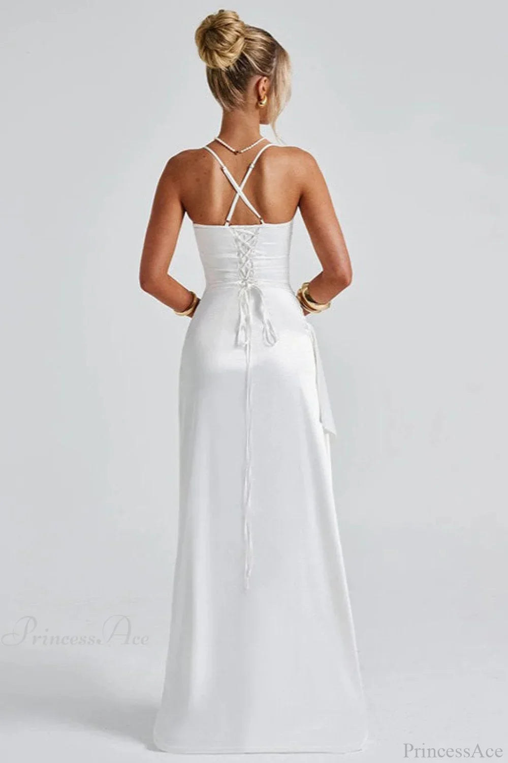 Sexy Solid Spaghetti Strap Back Tie Slit Evening Dress image 3