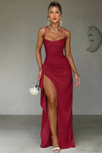 Sexy Solid Spaghetti Strap Back Tie Slit Evening Dress image 7