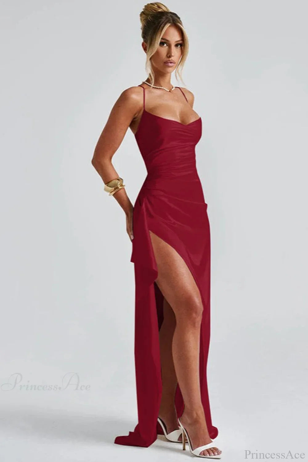 Sexy Solid Spaghetti Strap Back Tie Slit Evening Dress image 9