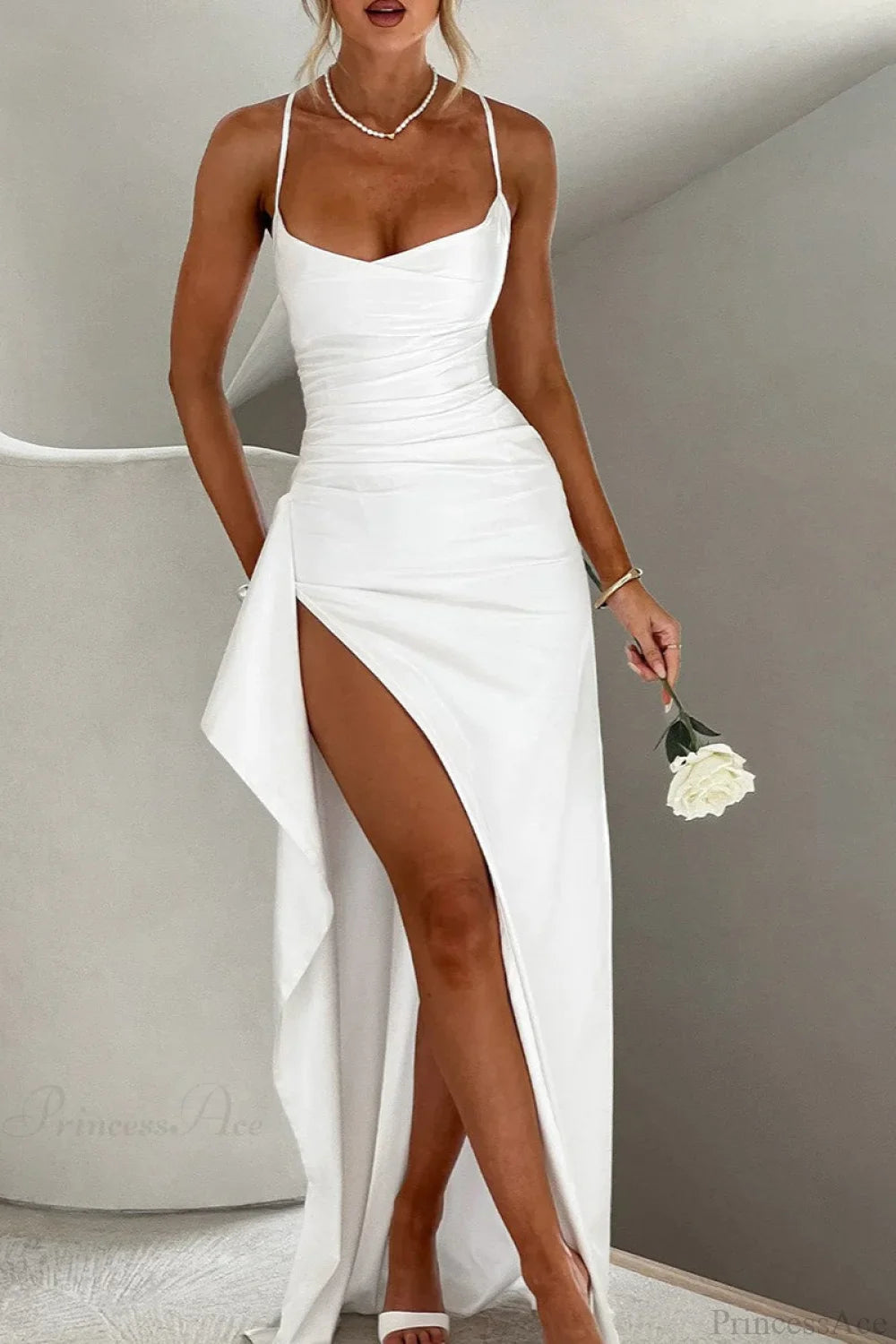 Sexy Solid Spaghetti Strap Back Tie Slit Evening Dress image 1