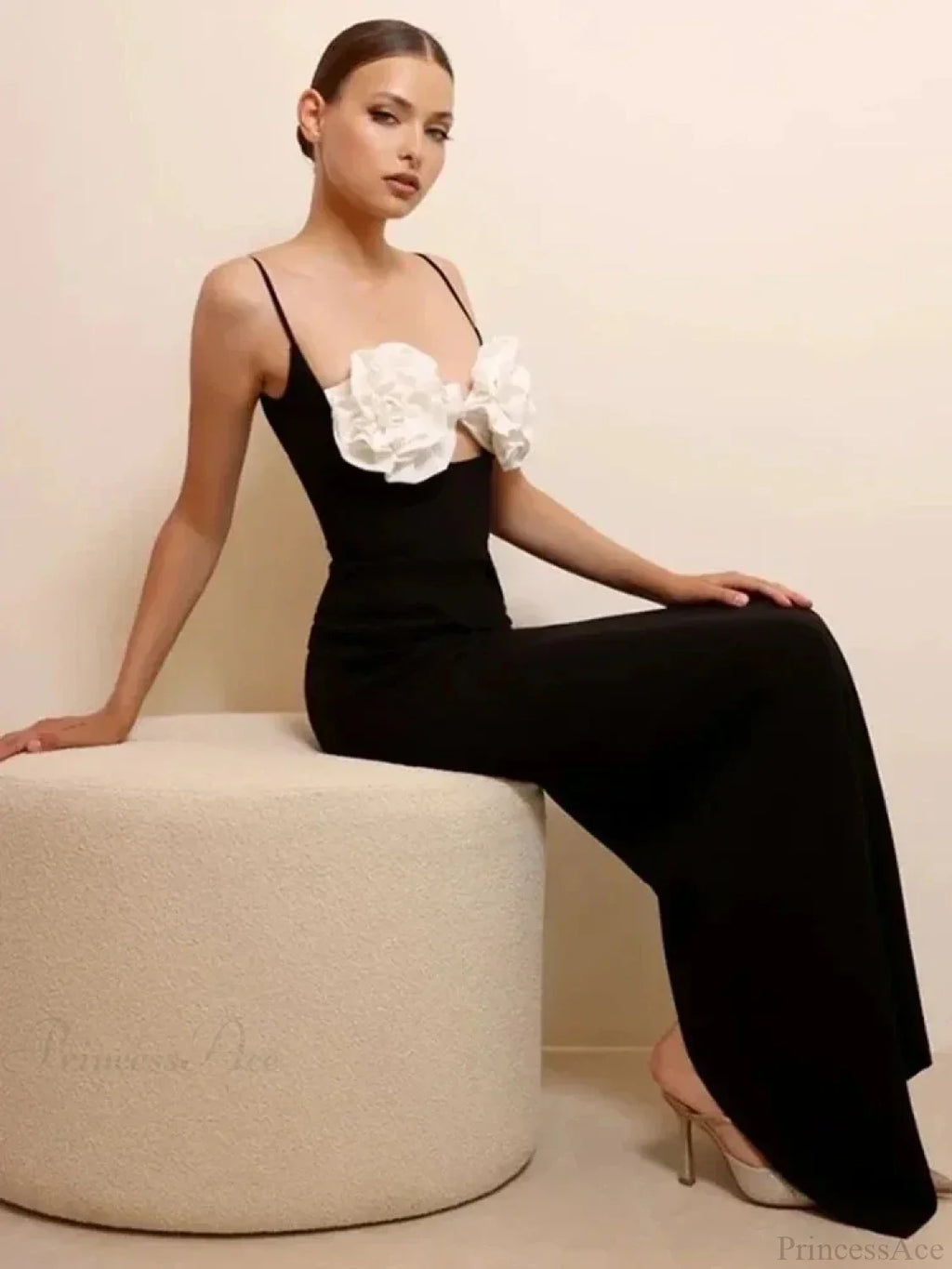 Sexy Spaghetti Strap 3D Flower Bandage Maxi Black Sleeveless Party Dress image 2