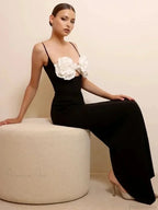 Sexy Spaghetti Strap 3D Flower Bandage Maxi Black Sleeveless Party Dress image 2