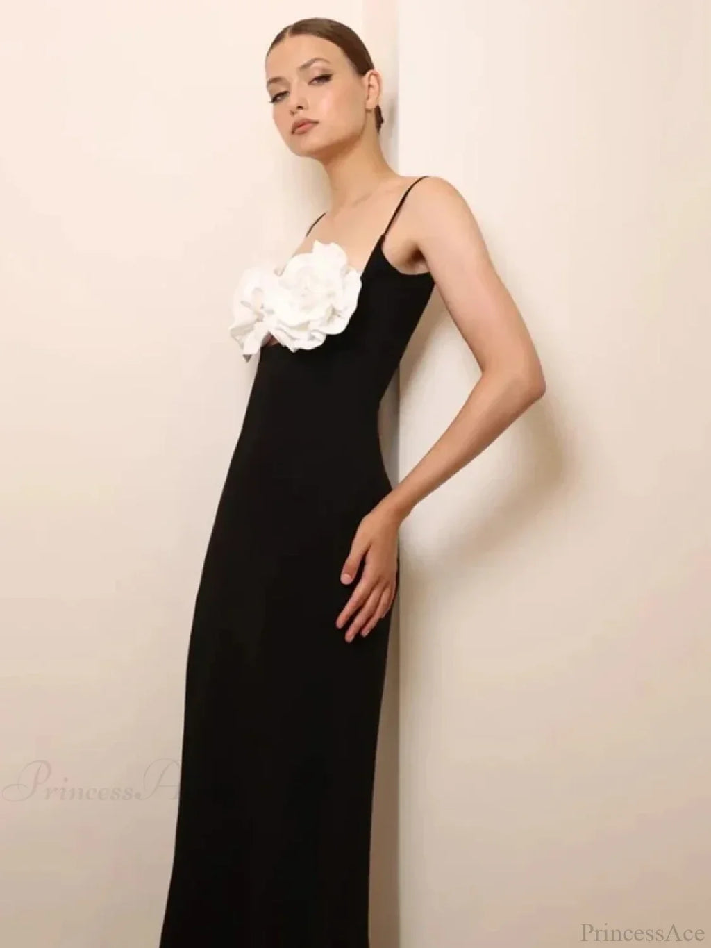 Sexy Spaghetti Strap 3D Flower Bandage Maxi Black Sleeveless Party Dress image 5