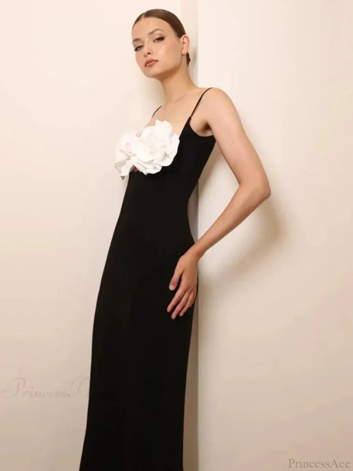 Sexy Spaghetti Strap 3D Flower Bandage Maxi Black Sleeveless Party Dress image 5