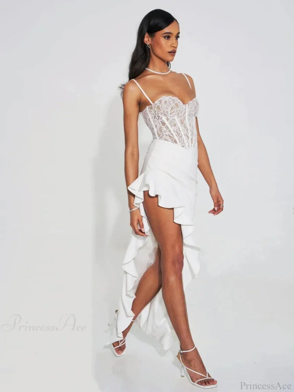 Sexy Spaghetti Strap Lace Patchwork Long Dress Sleeveless Ruffles Party Dress image 4