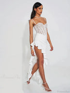 Sexy Spaghetti Strap Lace Patchwork Long Dress Sleeveless Ruffles Party Dress image 4