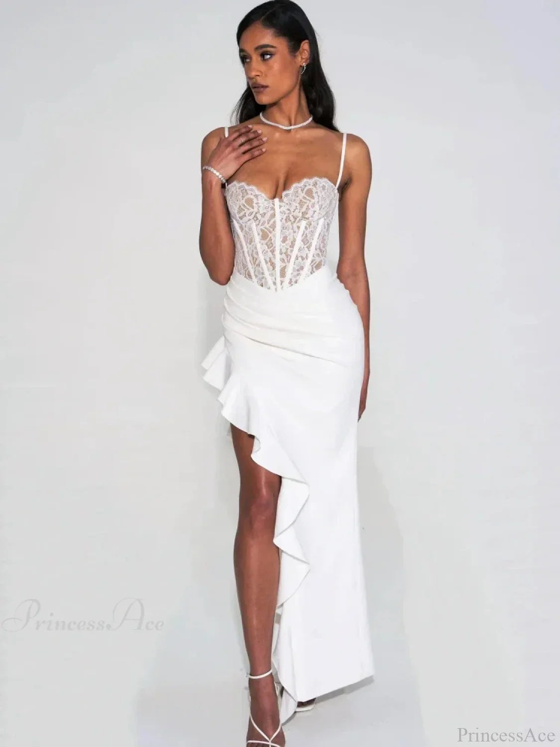 Sexy Spaghetti Strap Lace Patchwork Long Dress Sleeveless Ruffles Party Dress image 2