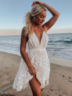 Sexy Spaghetti Strap White Embroidered Lace Floral Dress image 1