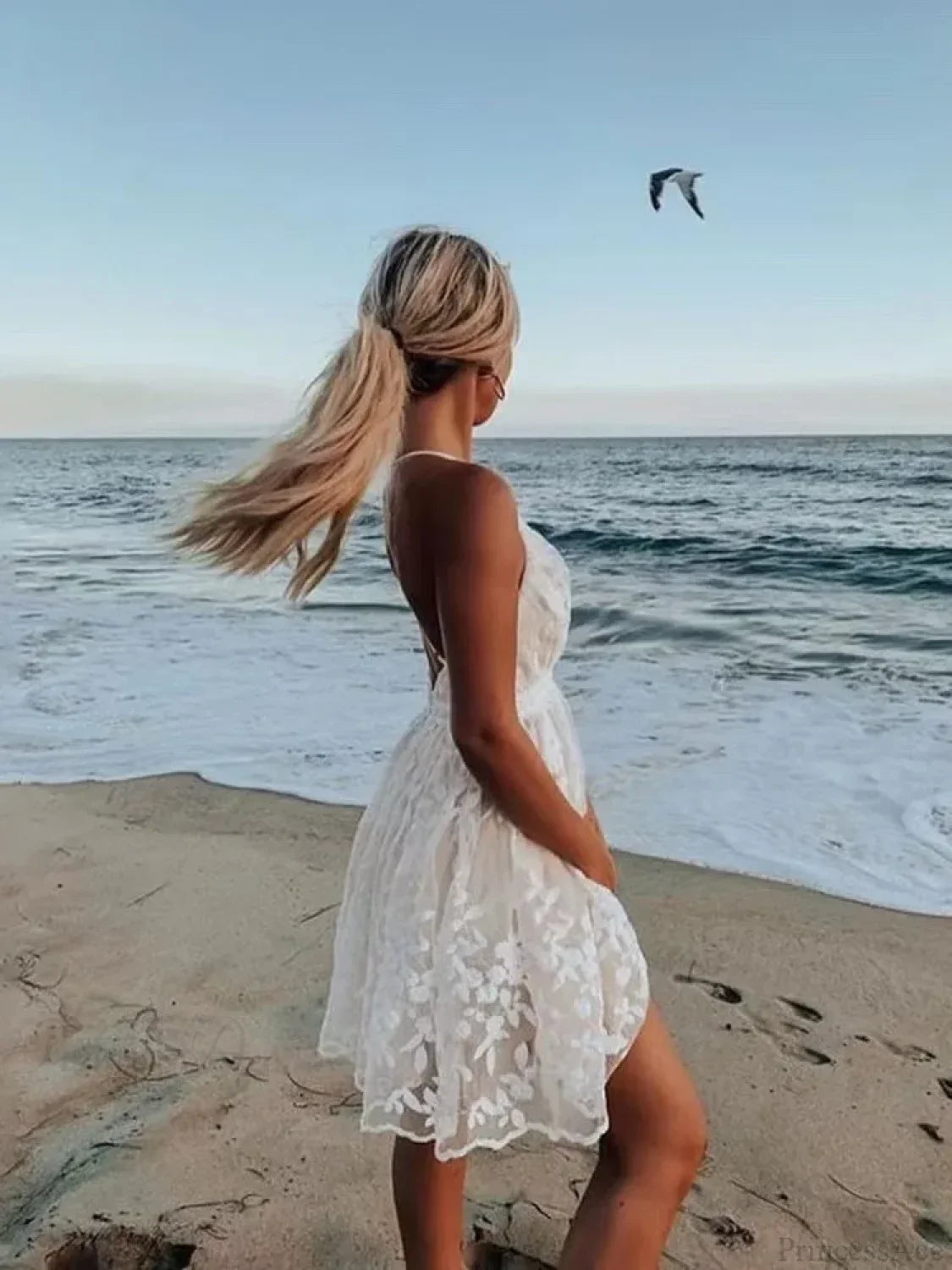 Sexy Spaghetti Strap White Embroidered Lace Floral Dress image 2