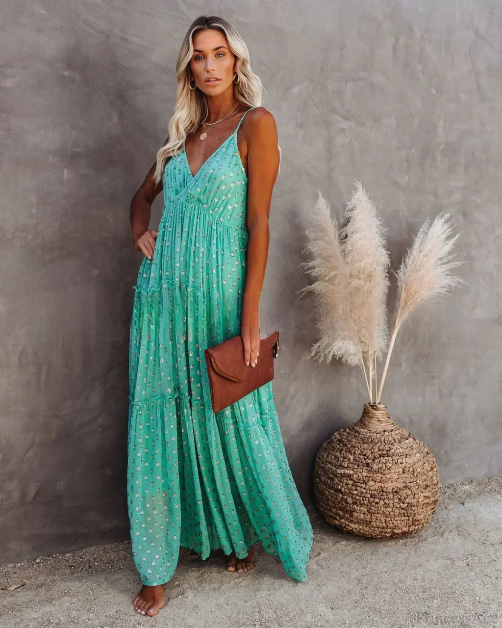 Sexy Split Big Hem Strapless Sleeveless Green Maxi Boho Dress image 2