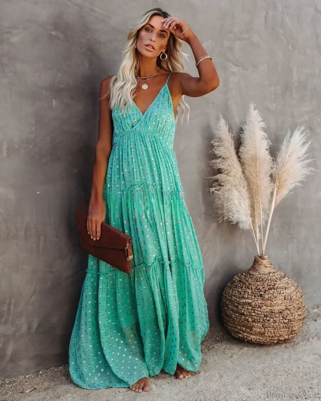 Sexy Split Big Hem Strapless Sleeveless Green Maxi Boho Dress image 6