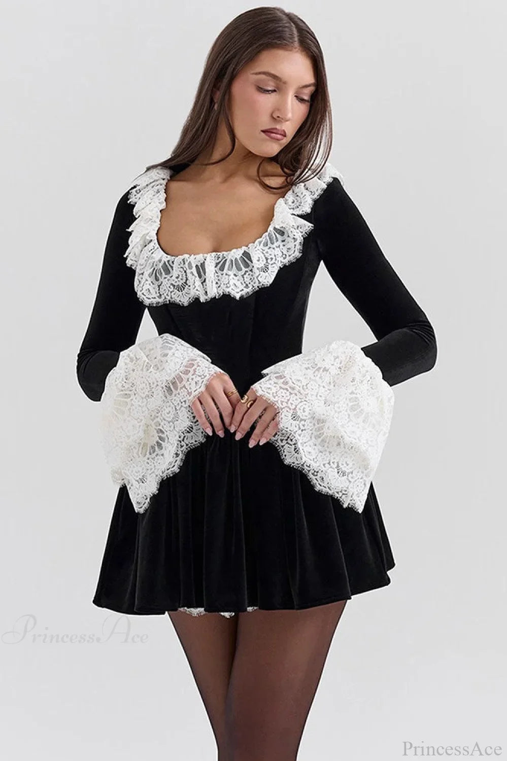 Sexy Square Neck Lace Trim Flared Sleeve Mini Dress image 2