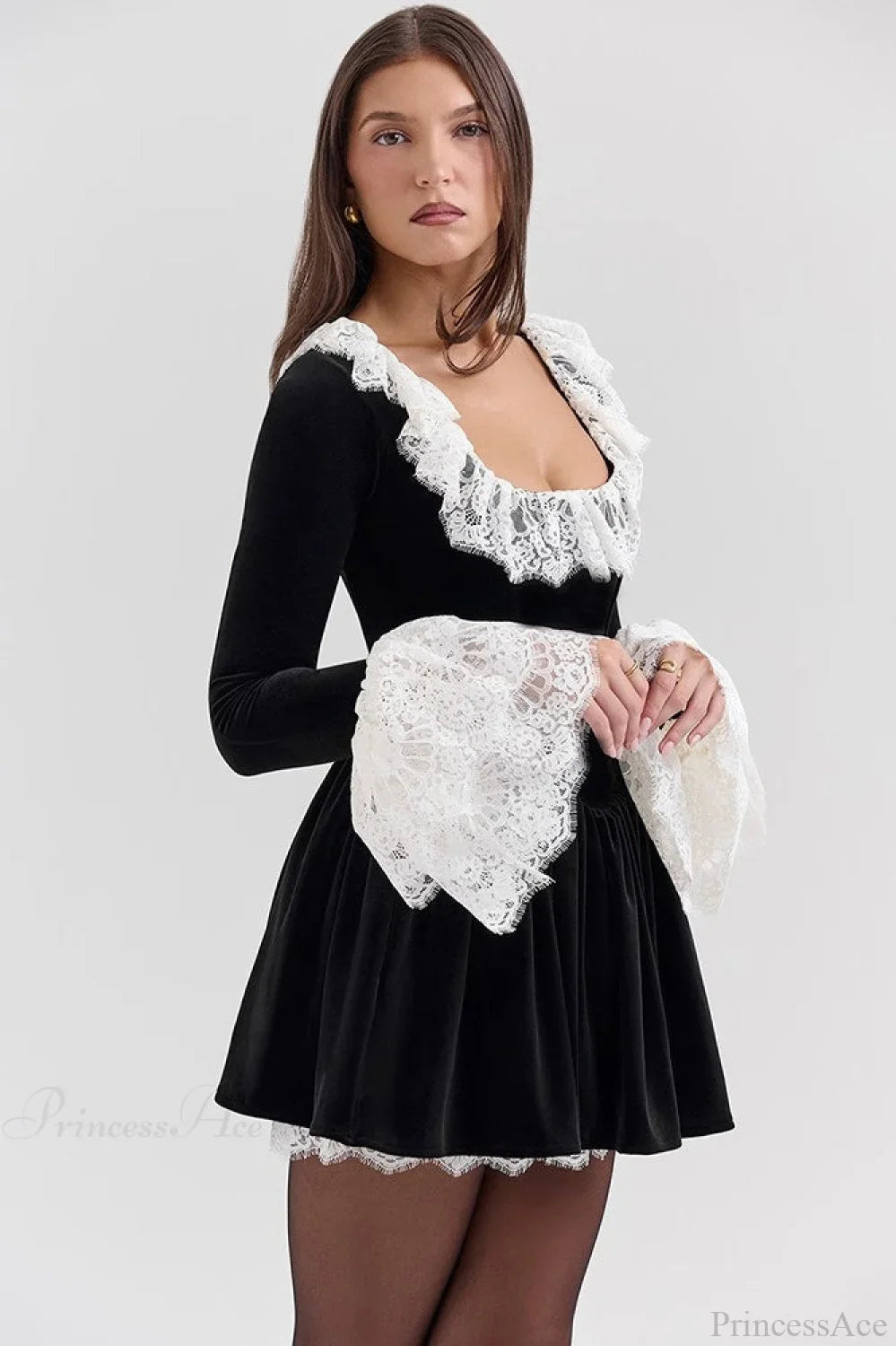 Sexy Square Neck Lace Trim Flared Sleeve Mini Dress image 3