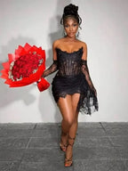 Sexy Strapless Corset Lace Mini Dress Asymmetrical Draped Celebrity Cocktail Party Dress image 6
