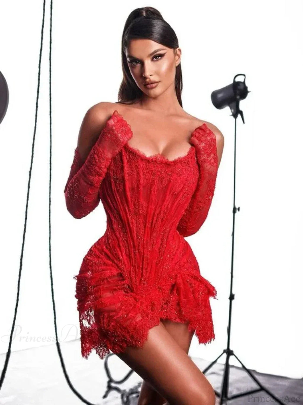 Sexy Strapless Corset Lace Mini Dress Asymmetrical Draped Celebrity Cocktail Party Dress image 3