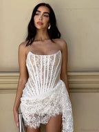 Sexy Strapless Lace Corset Mini Dress Sleeveless Lace-up Draped Bodycon Party Dress image 6