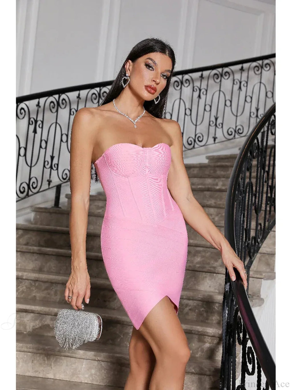 Sexy Strapless Mini Bandage Pink Sleeveless Backless Bodycon Party Dress image 1