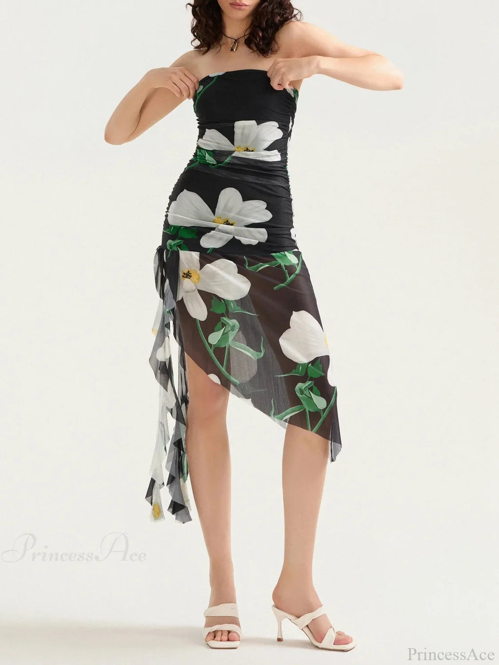 Sexy Strapless Ruffle Tassel Mini Floral Dress image 7
