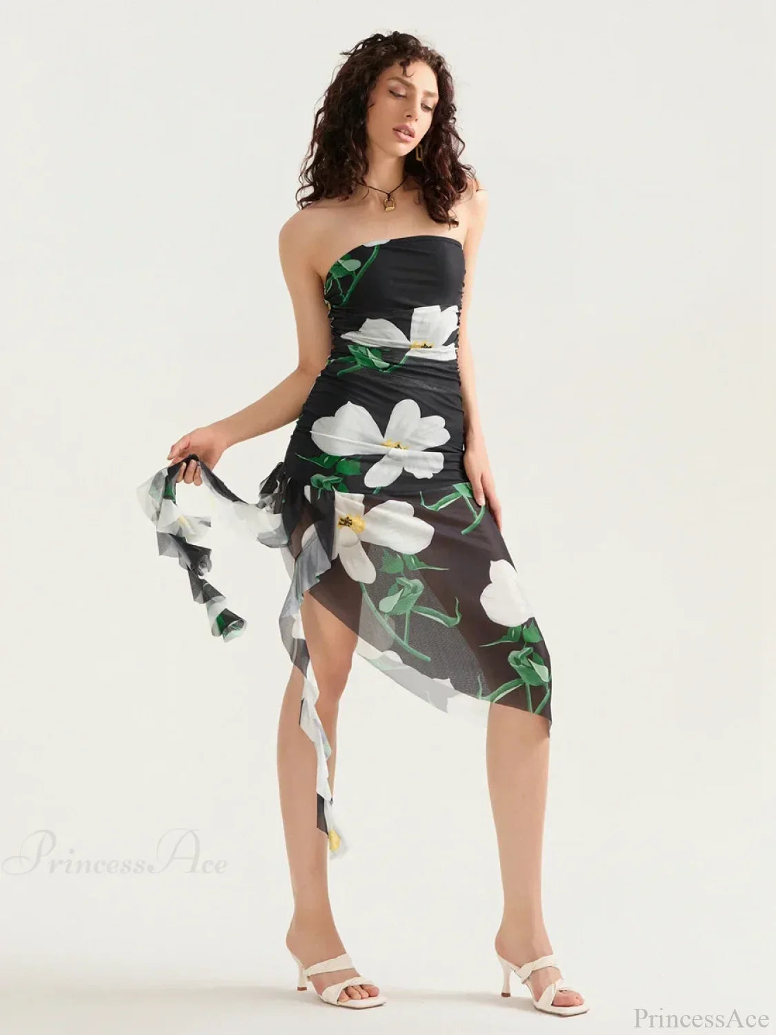 Sexy Strapless Ruffle Tassel Mini Floral Dress image 4