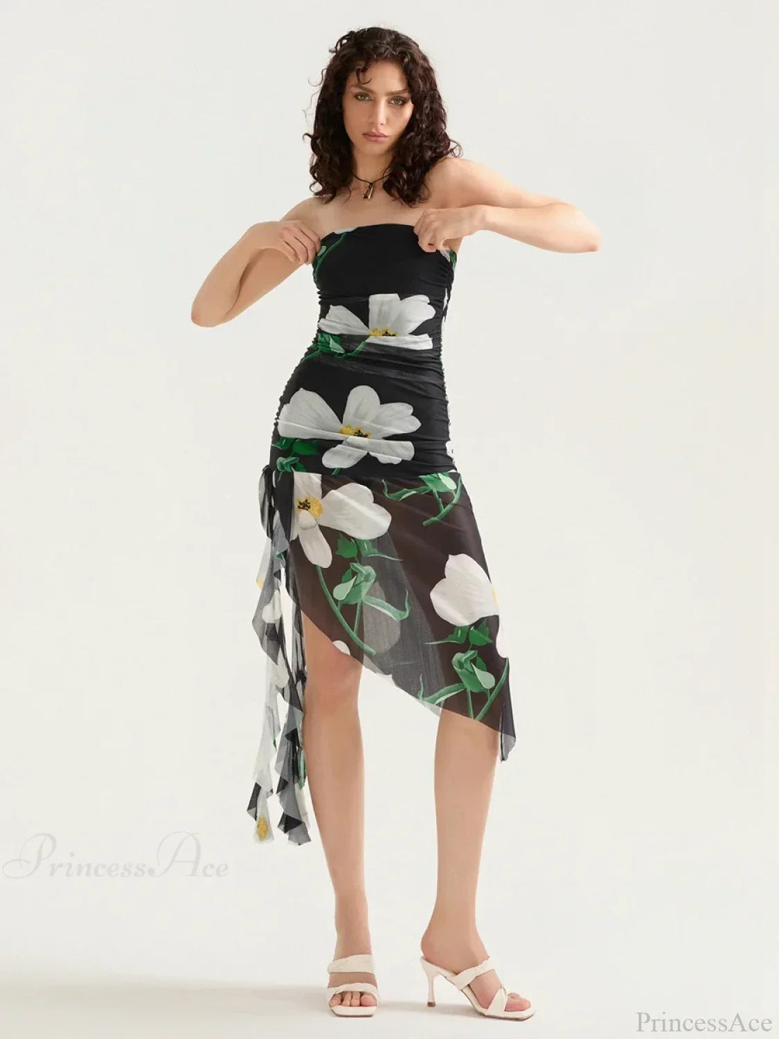 Sexy Strapless Ruffle Tassel Mini Floral Dress image 1