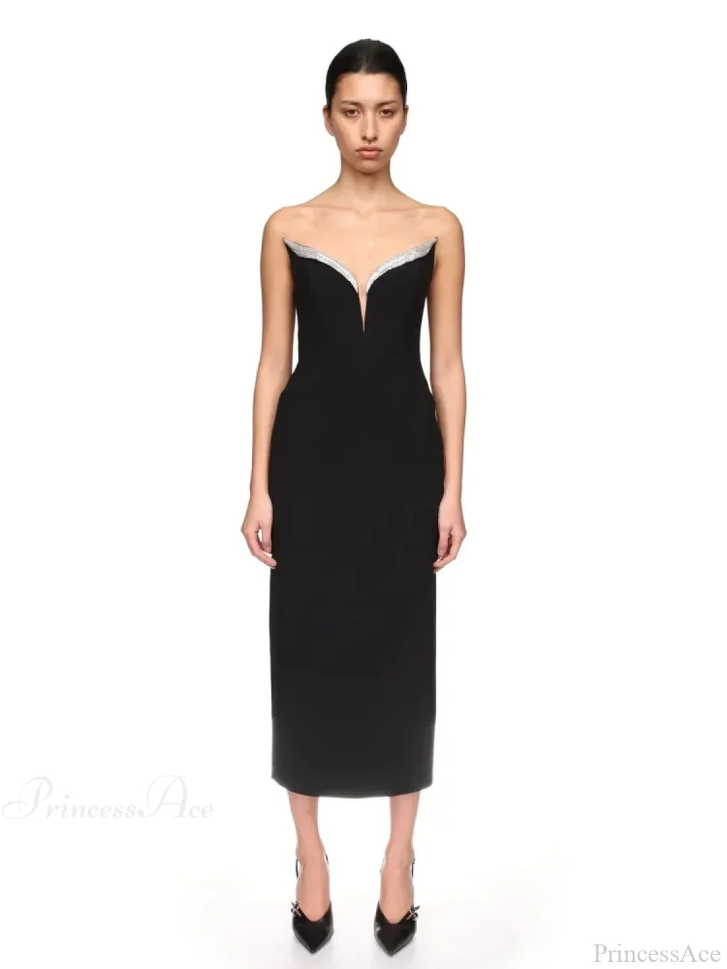 Sexy Strapless V Neck Diamonds Bandage Black Sleeveless Party Dress image 4