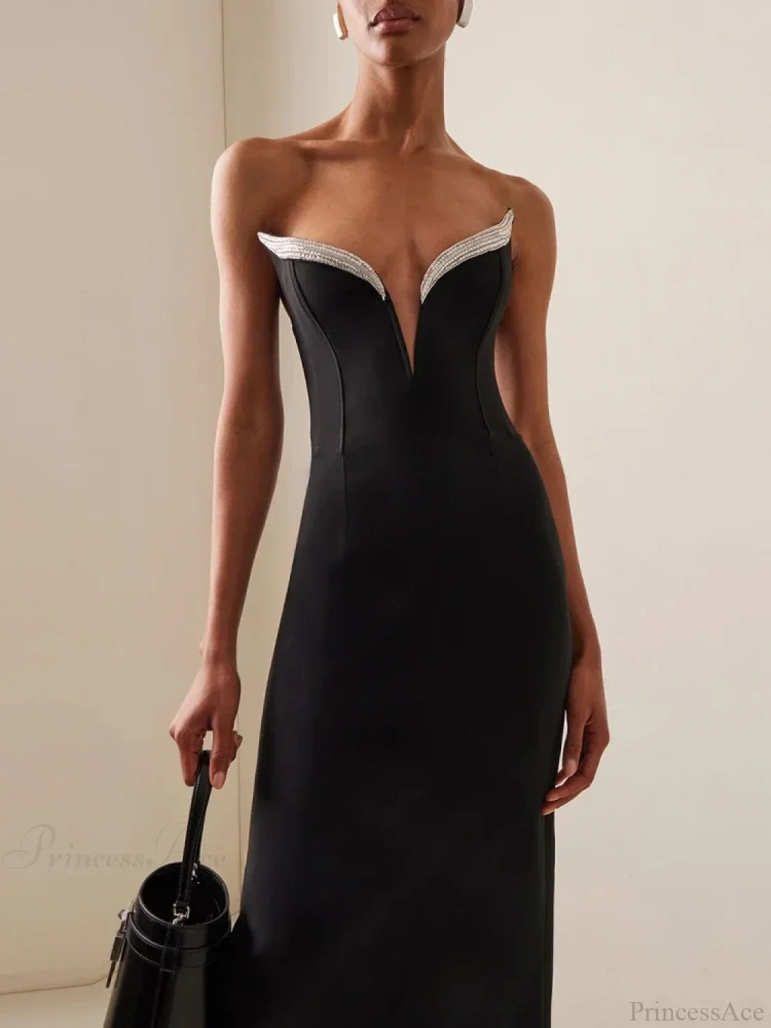 Sexy Strapless V Neck Diamonds Bandage Black Sleeveless Party Dress image 1