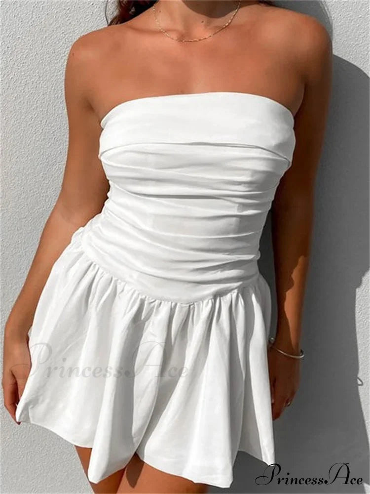 Sexy Summer Tube Strapless Off Shoulder Solid Ruched Mini Dress image 1