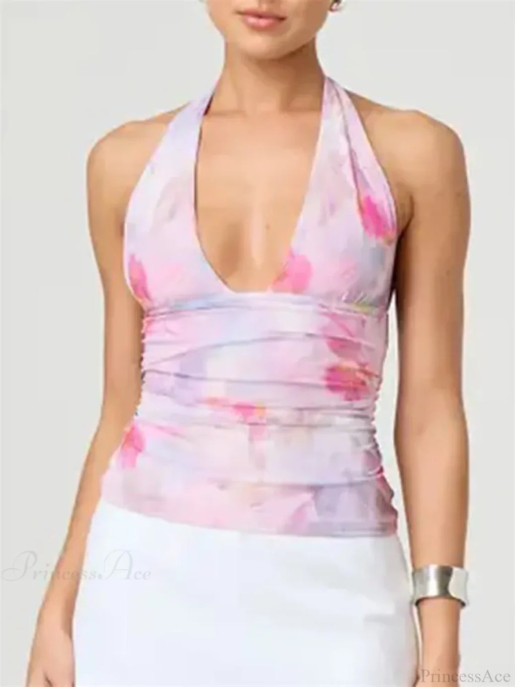 Sexy Tie-up Halter Tie-dye Ruched Crop Top image 2