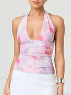 Sexy Tie-up Halter Tie-dye Ruched Crop Top image 2