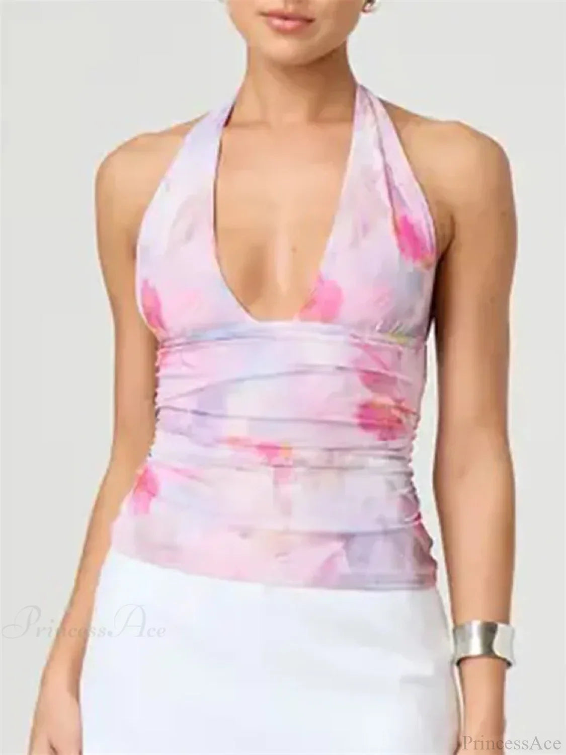 Sexy Tie-up Halter Tie-dye Ruched Crop Top image 2