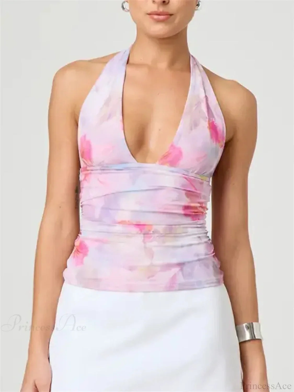 Sexy Tie-up Halter Tie-dye Ruched Crop Top image 3