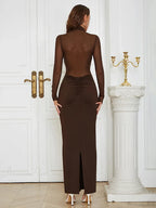 Sexy Turtleneck Mesh Patchwork Folds Brown Long Sleeve Draped Party Dress image 6