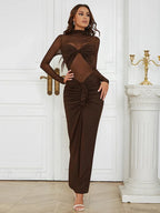 Sexy Turtleneck Mesh Patchwork Folds Brown Long Sleeve Draped Party Dress image 1