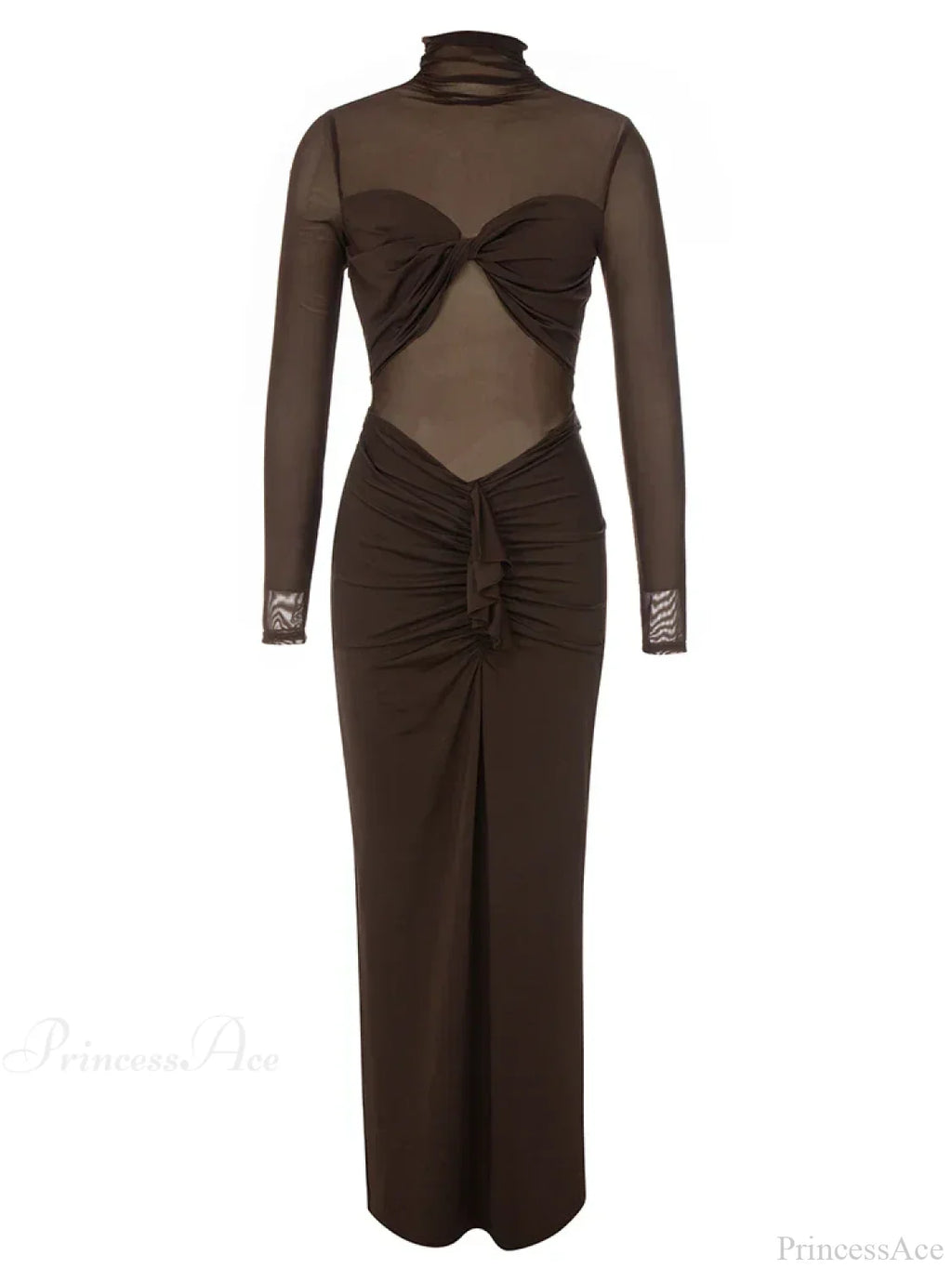 Sexy Turtleneck Mesh Patchwork Folds Brown Long Sleeve Draped Party Dress image 7