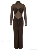 Sexy Turtleneck Mesh Patchwork Folds Brown Long Sleeve Draped Party Dress image 7