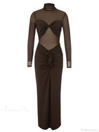 Sexy Turtleneck Mesh Patchwork Folds Brown Long Sleeve Draped Party Dress image 7