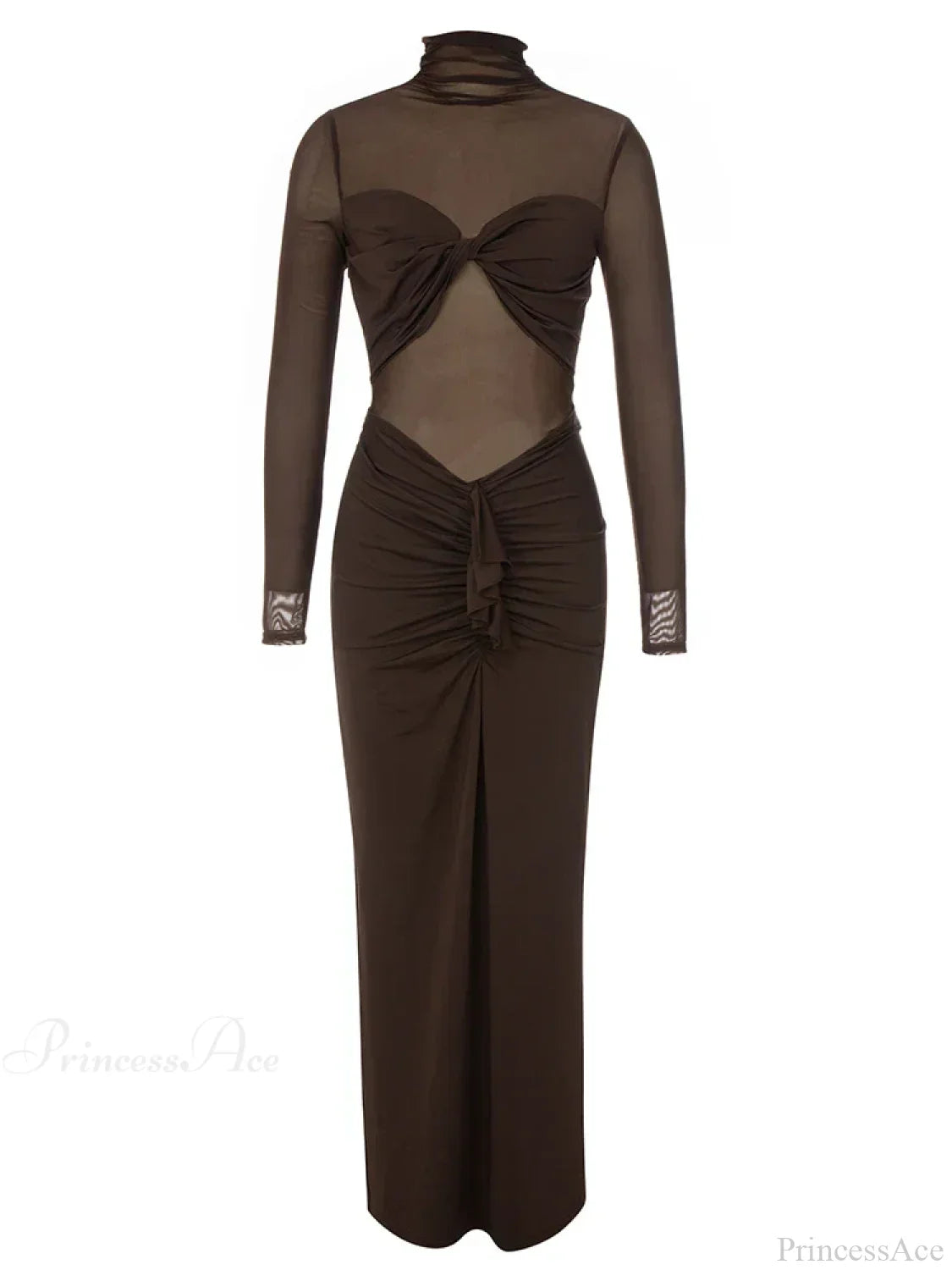 Sexy Turtleneck Mesh Patchwork Folds Brown Long Sleeve Draped Party Dress image 7
