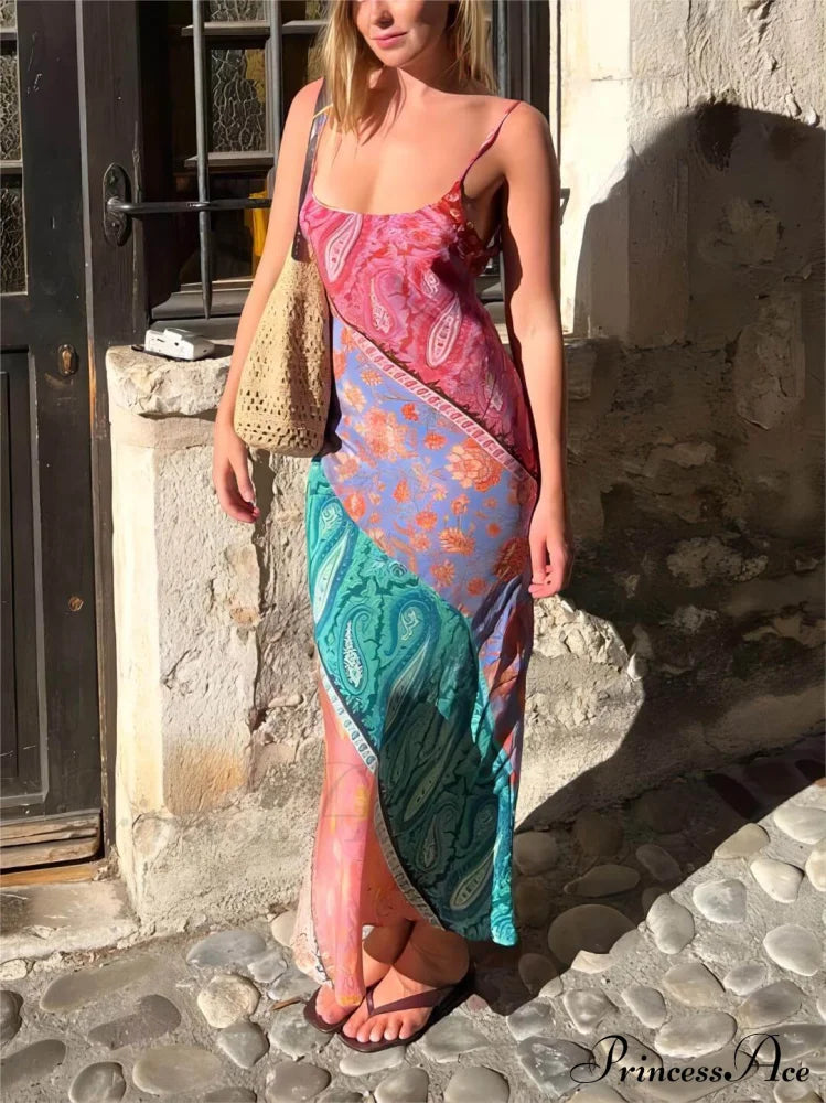 Sexy U-Neck Backless Bosnian Graceful Print Suspender Maxi Dress image 1