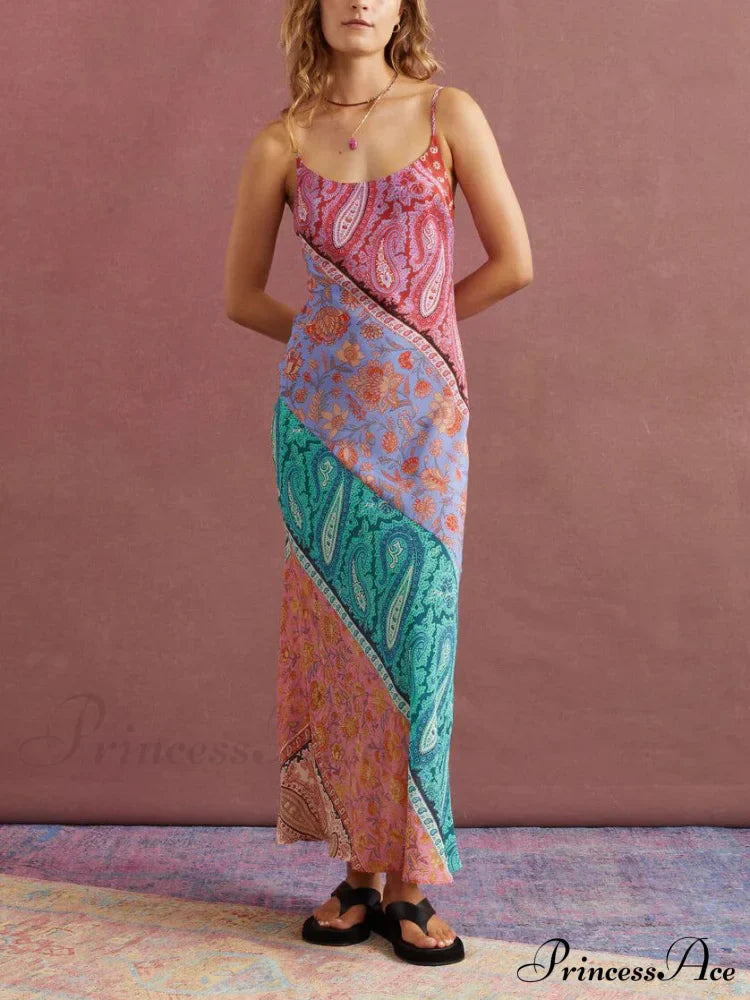 Sexy U-Neck Backless Bosnian Graceful Print Suspender Maxi Dress image 2