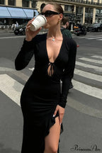 Sexy U Neck Tie Side Slit Long Sleeve Bodycon Maxi Dress image 4