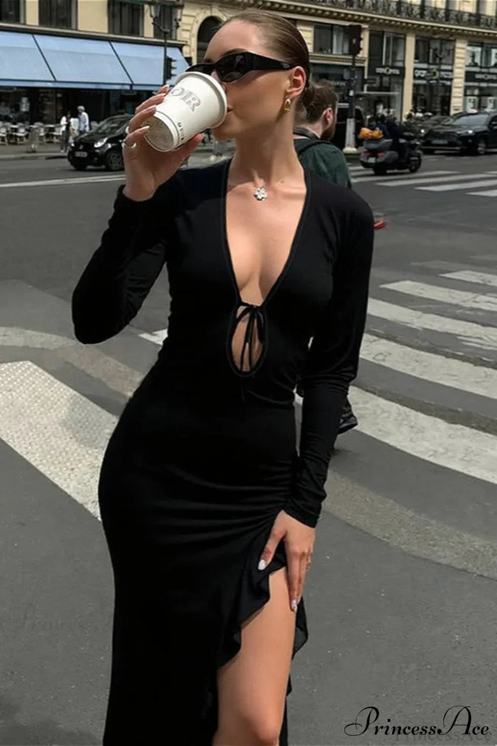 Sexy U Neck Tie Side Slit Long Sleeve Bodycon Maxi Dress image 4