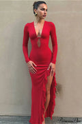 Sexy U Neck Tie Side Slit Long Sleeve Bodycon Maxi Dress image 1