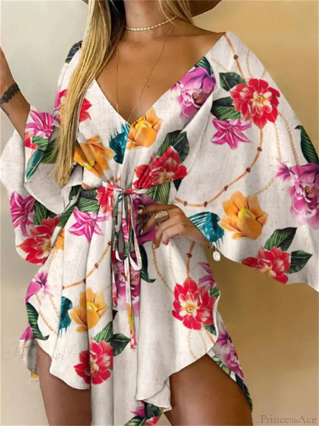 Sexy V-neck Bat Sleeve Bohemian Floral Beach Sundress image 1