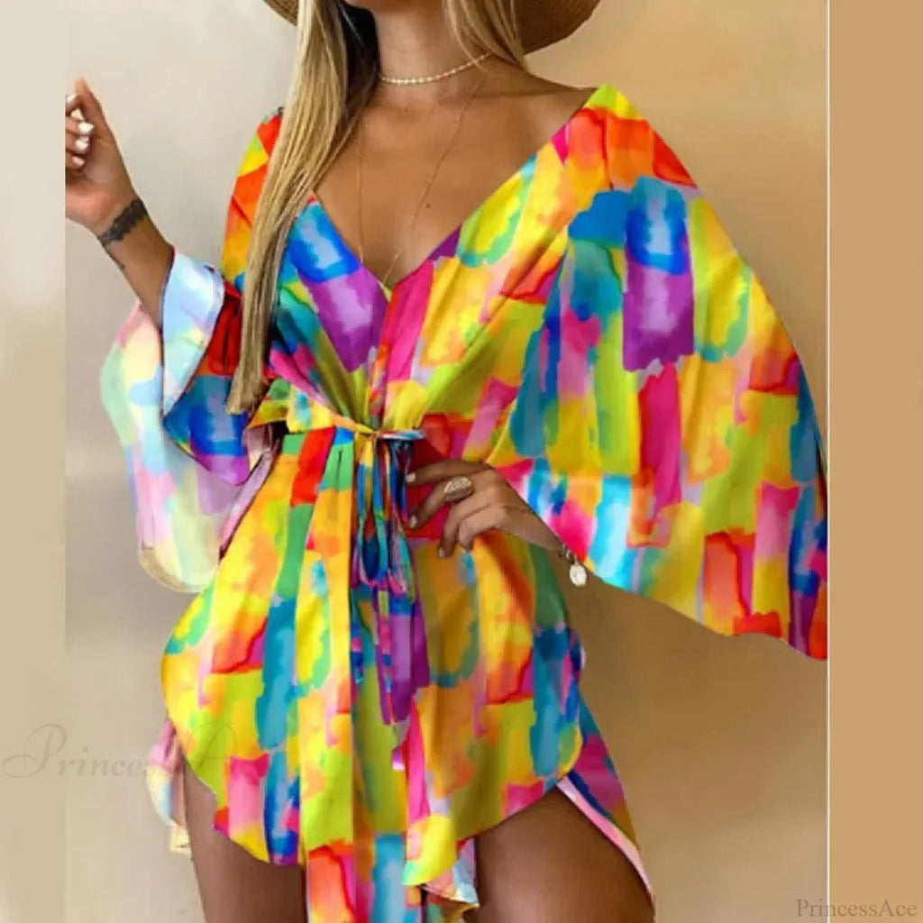 Sexy V-neck Bat Sleeve Bohemian Floral Beach Sundress image 14