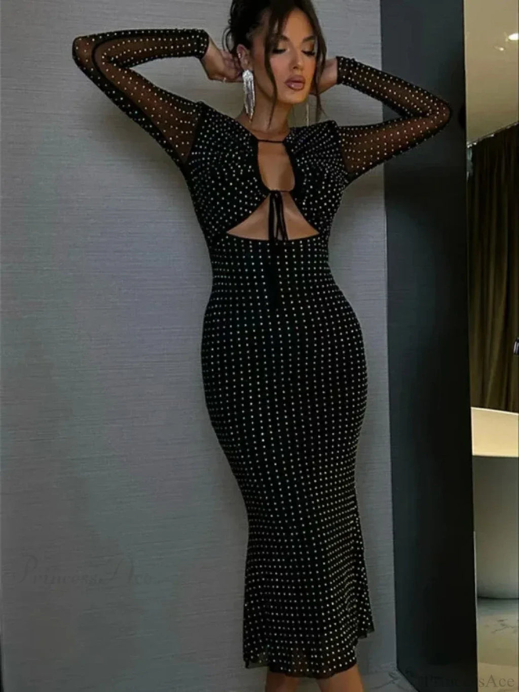 Sexy V Neck Cutout Long Sleeve Glitter Diamonds Black Party Dress image 2