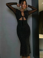 Sexy V Neck Cutout Long Sleeve Glitter Diamonds Black Party Dress image 2