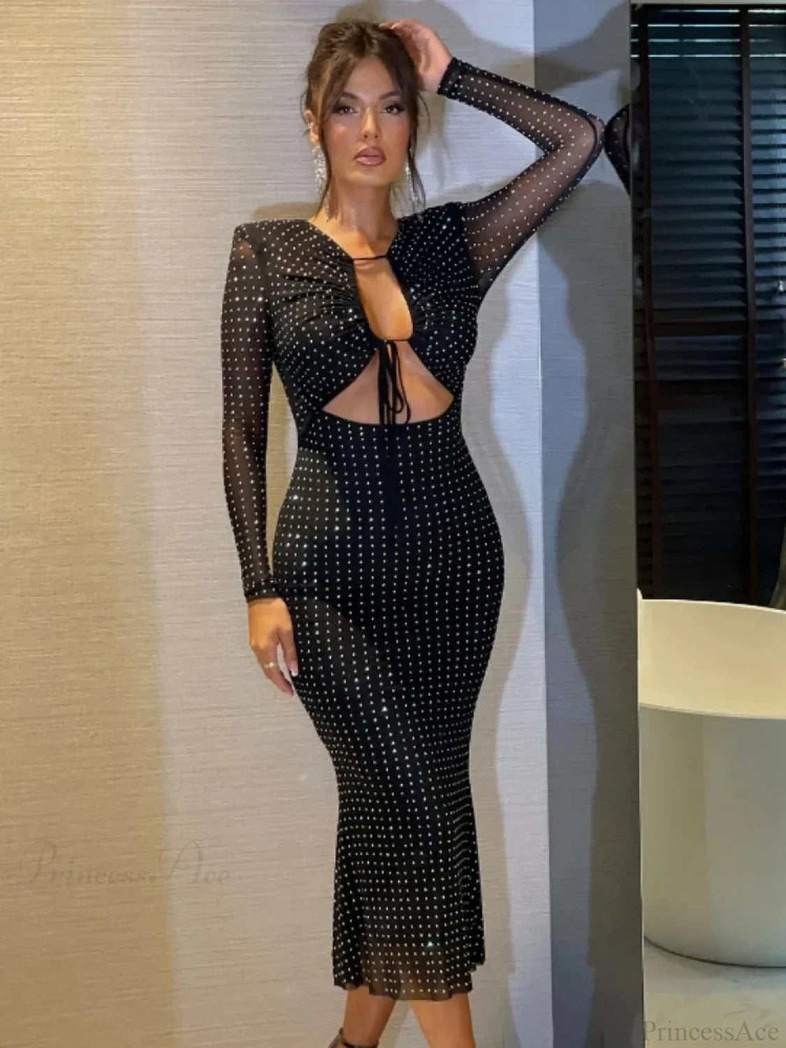 Sexy V Neck Cutout Long Sleeve Glitter Diamonds Black Party Dress image 1
