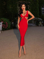 Sexy V Neck Flower Hollow Out Design Midi Dress Halter Party Dress image 5