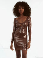 Sexy V Neck Long Sleeves Backless Sequin Mini Dress Women Party Dress image 3