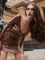 Sexy V Neck Long Sleeves Backless Sequin Mini Dress Women Party Dress image 6